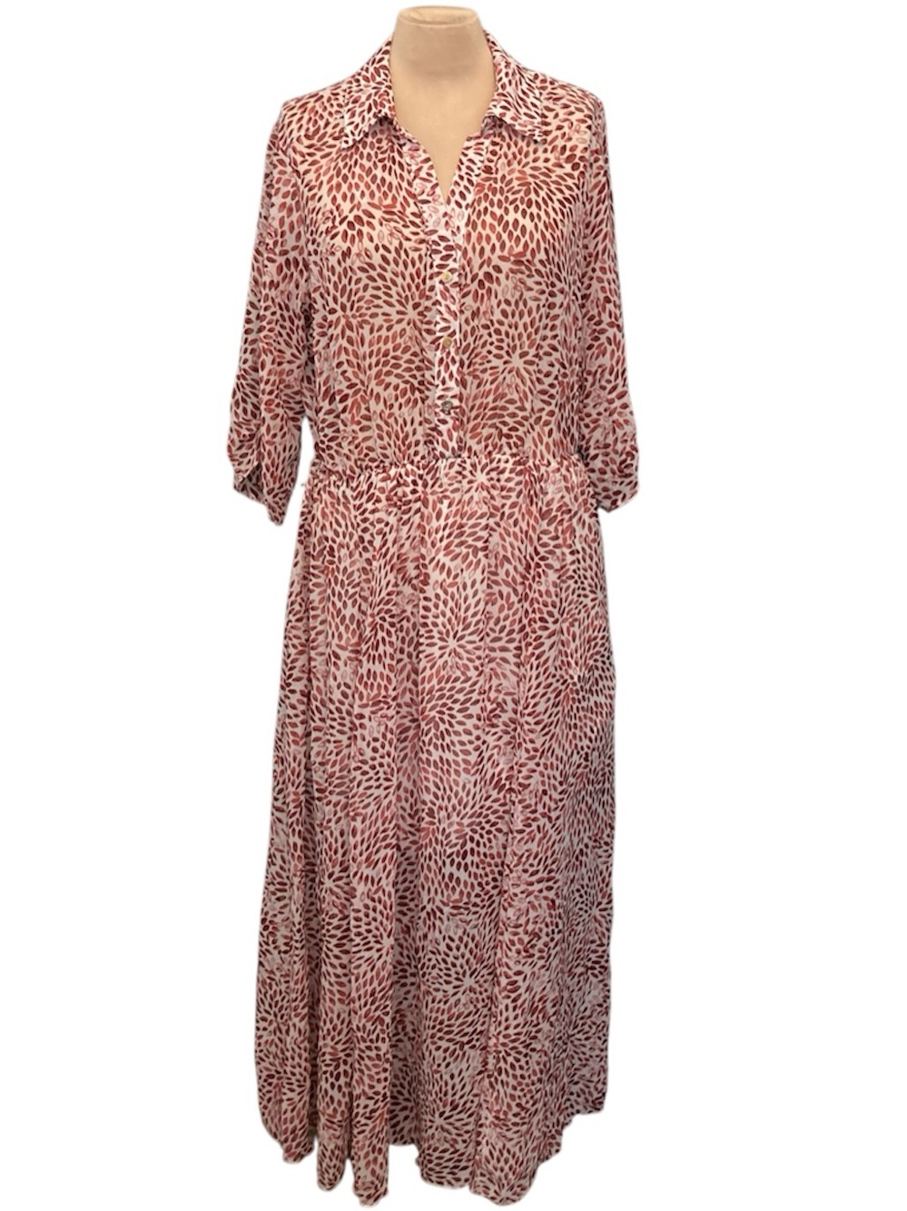 Kate and Lily Women's Button-Front Maxi Dress in Burgundy Print with 3/4 Sleeves